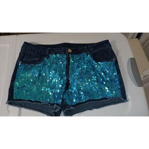 Teal Sequined Denim Shorts For Juniors size 16 Plus